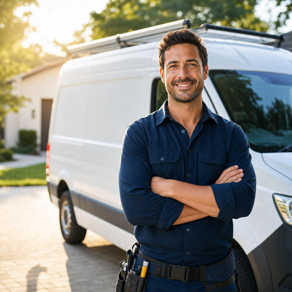 A professional contractor standing by a work van